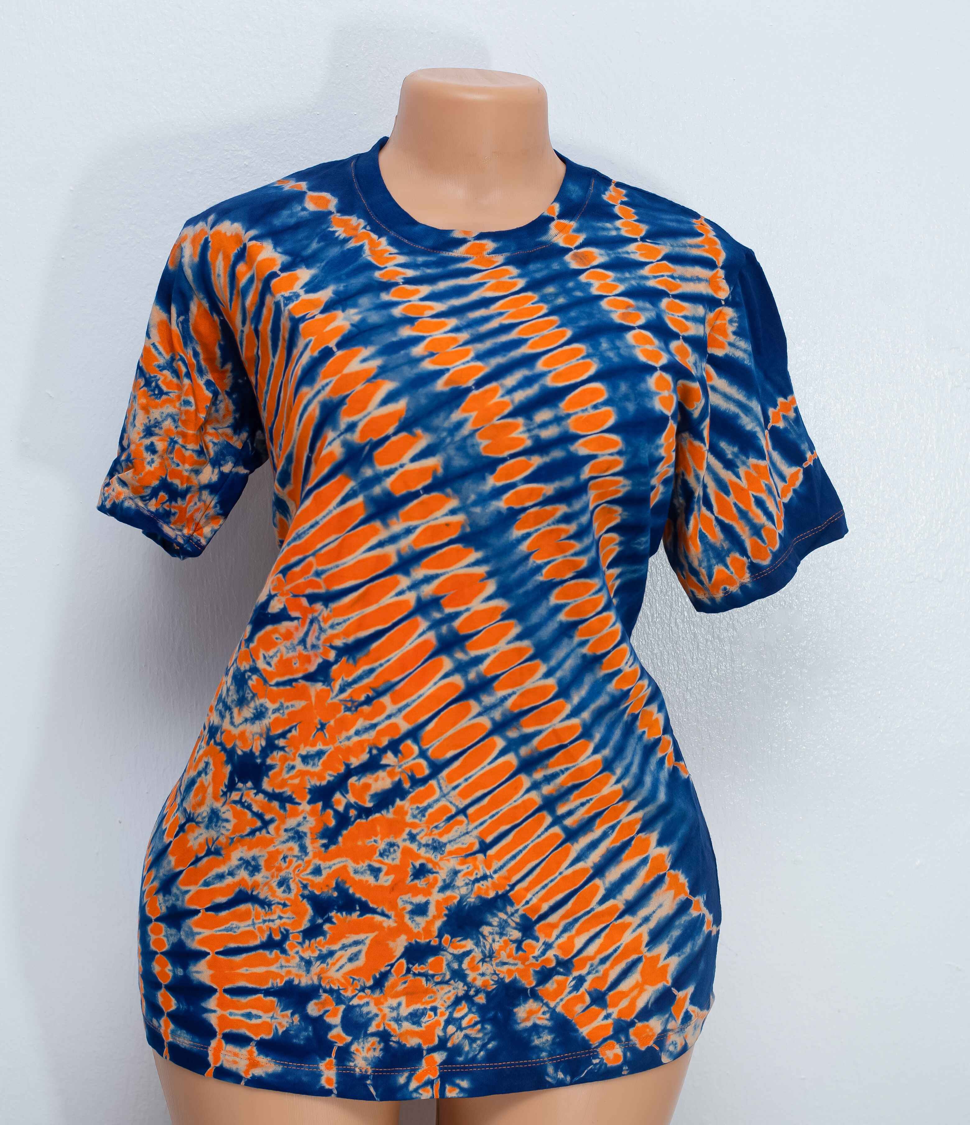 Roundneck t-shirt, tye and dye multi color, orange, purple and green design. Size XL