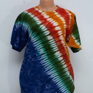Roundneck t-shirt, tye and dye multi color blue, green, red, mustard with white streaks (Unisex). Size XL
