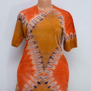Roundneck t-shirt, tye and dye Orange and mustard with streak of purple (Unisex).  Size XL