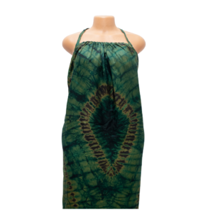 Halter neck (tie-back) free size long dress in soft silk tie & dye; green patterned; Length 62" inches. Size - Free size
