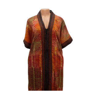 2-in-1 Kimono/Kaftan, crepe batik in multicolor red, green and orange with black Aso-oke trimmings
