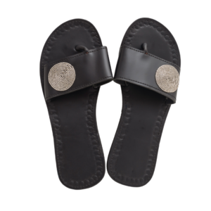 Handcrafted Kenyan Beaded slippers - Black with round silver  design  - UK Size 9/ US size 11