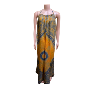 Halter neck (tie-back) free size long dress in soft silk tie and dye; mustard and blueish grey; Length 58" inches.  Size - Free size