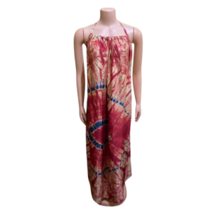 Halter neck (tie-back) free size long dress in soft silk tie and dye; Red and blue pattern.  Length 58".  Size - Free size