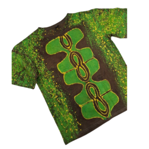 Roundneck t-shirt,  Batik art design in green and brown with yellow dots.