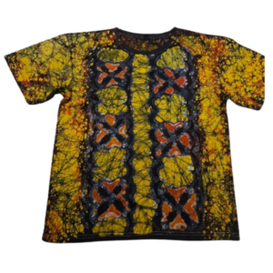 Roundneck t-shirt,   Batik, yellow background with orange and black design.