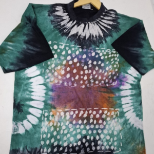 Roundneck t-shirt, Batik and tye and dye combo; green background with multi colors. Size XL