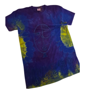 Roundneck t-shirt,hand drawn drawn batik and tye and dye combo in multi shades of blue with yellow and olive designs. Size L