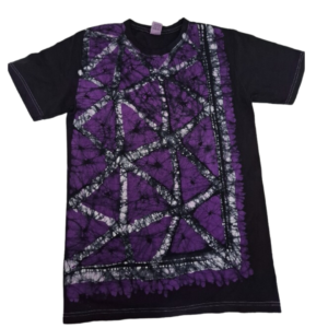 Roundneck t-shirt, batik with purple, white and black design.