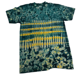 Roundneck t-shirt, tye and dye, Emerald with yellow design. Size L