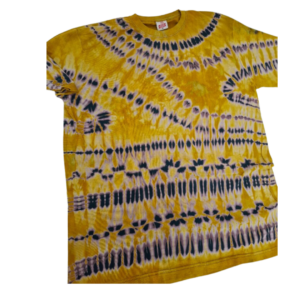 Roundneck t-shirt, tye and dye custard with greenish purple design. Size XL