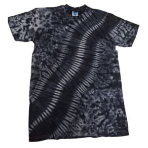 Roundneck t-shirt, tye and dye black and grey with streaks of white design. Size M