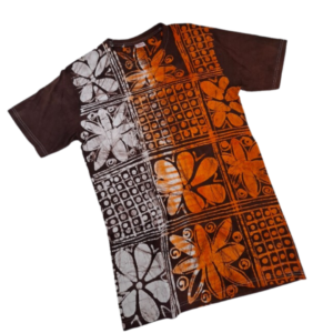 Roundneck t-shirt, batik, brown with orange and white. Size L