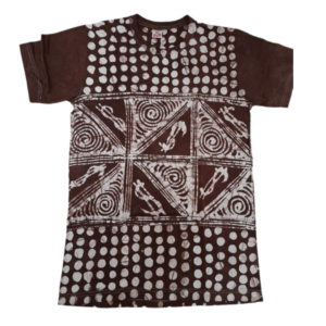 Roundneck t-shirt,  batik, dark brown with white designs. Size M 
