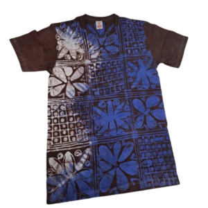 Roundneck t-shirt, batik, dark brown with blue and white designs . Size M