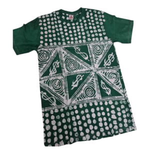 Roundneck t-shirt, batik, green with white designs. Size L