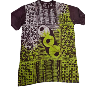 Roundneck t-shirt,  hand made batik, brown with lime and white designs.  Size XL