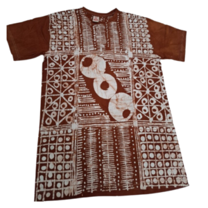 Roundneck t-shirt,  hand made batik, light brown and white designs. Size L