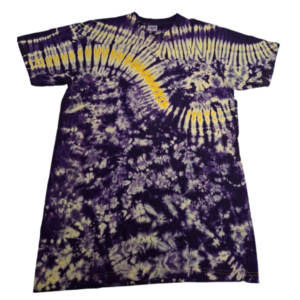 Roundneck t-shirt, tye and dye purple with yellow designs. Size XL