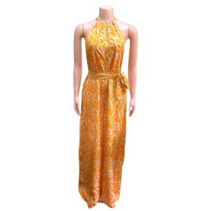 Halter neck (tie-back) jumpsuit  in soft cotton, hand made patterned orange batik design. Length 60" with 2.5" hemed in for extra length.  Size 8 - 12