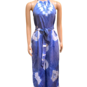 Halter neck (tie-back) jumpsuit  in soft cotton, hand made light blue tie & dye design. Length 60" with 2.5" hemed in for extra length.  Size 8 - 12