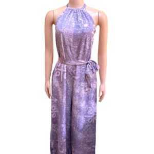 Halter neck (tie-back) jumpsuit  in soft cotton, hand made patterned onion and beige batik design.  Length 60" with 2.5 " hemed in for extra length .  Size 8 - 12