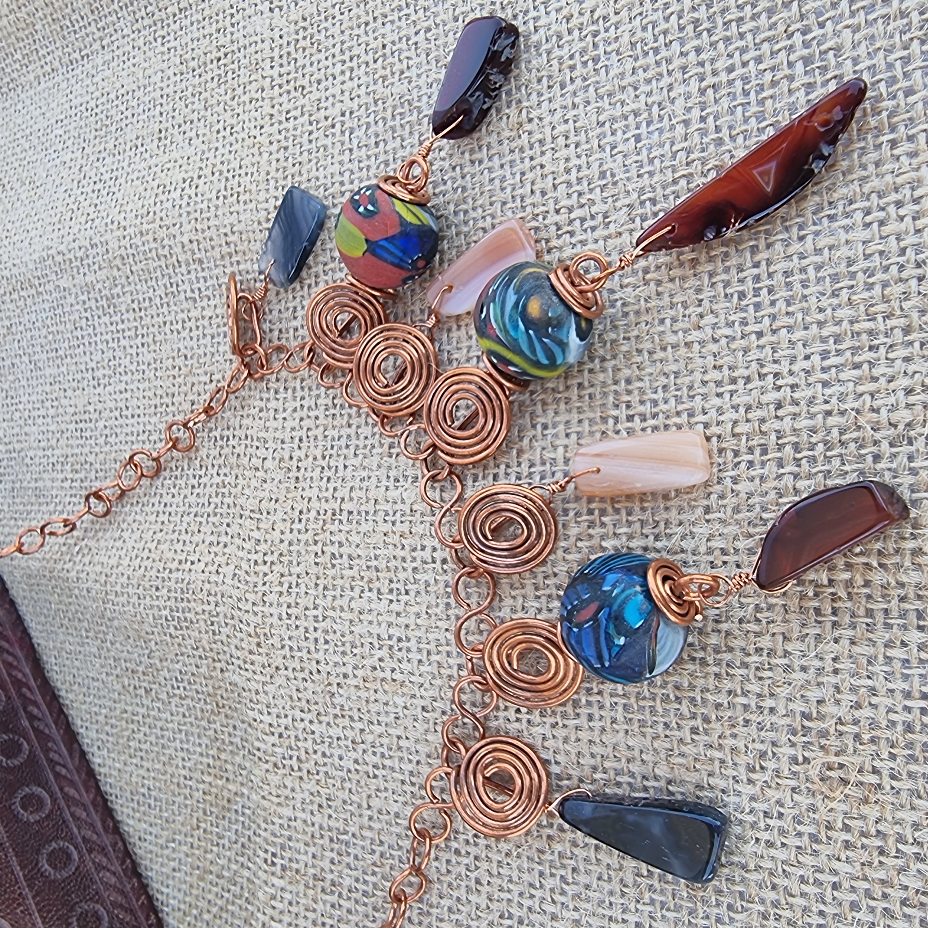 Handcrafted copper necklace with agate and tradebeads - Anne Lawal Jewellry