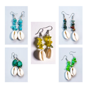Rawcraft's chip gem earrings made with chip gemstones and ceramic cowrie